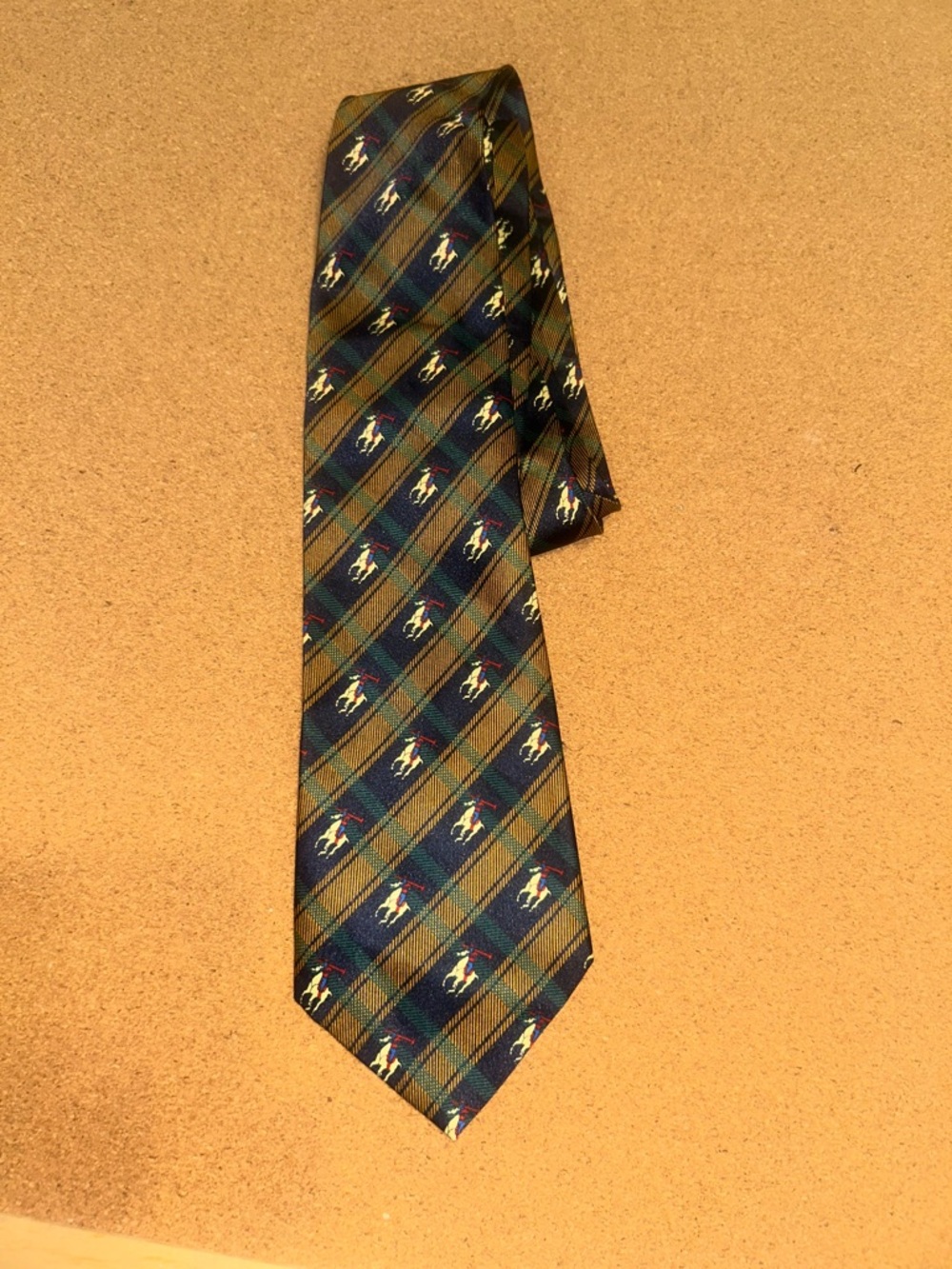 Men's Green Plaid Silk Tie with Polo Player Motif